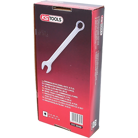 Verpackung eines KS Tools Kombischlüsselsatzes, weißer Schlüssel vor rotem Hintergrund, Text auf Englisch und Deutsch.